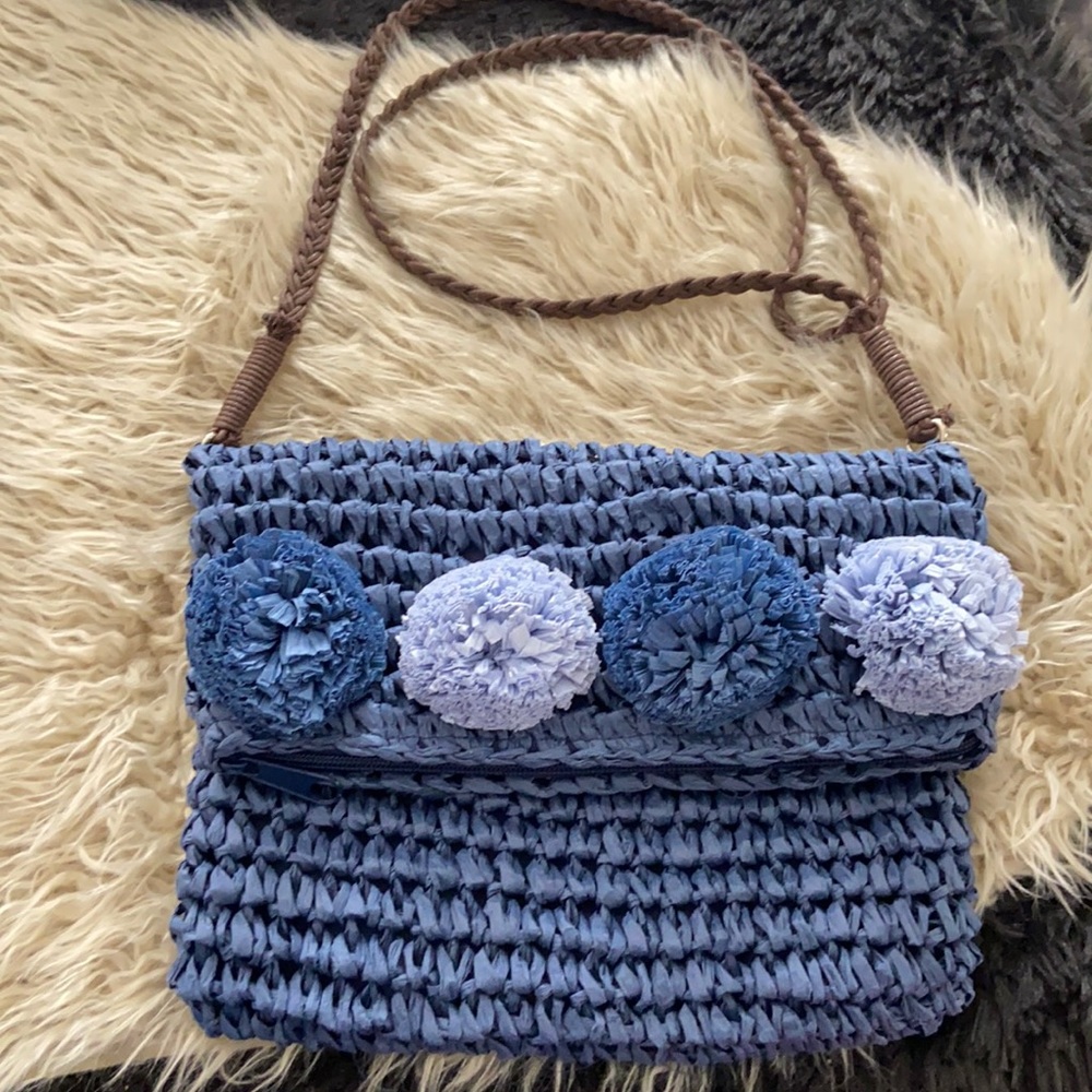 NWT Blue Miami Boho Raffia Pompom Crossbody